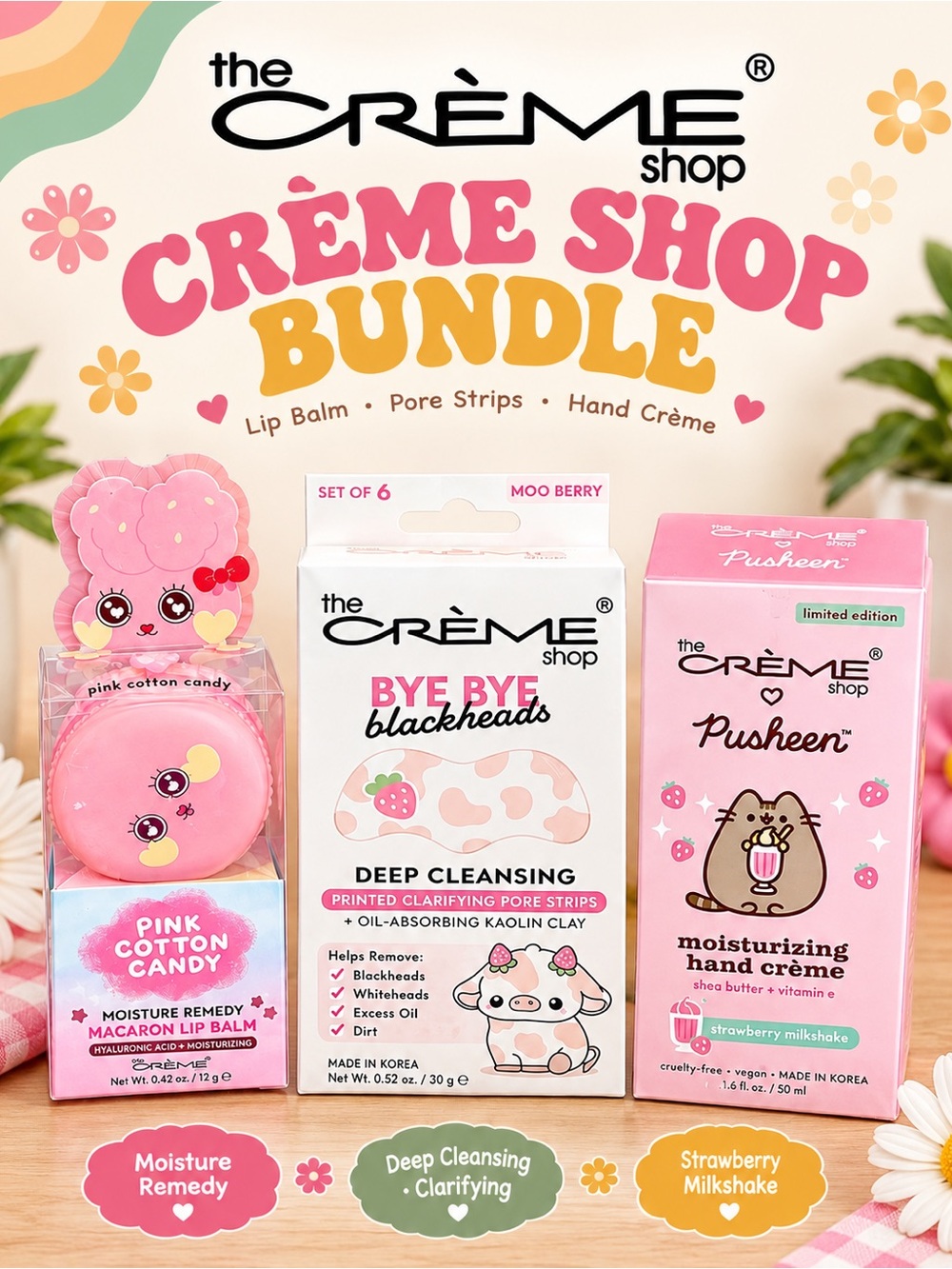 The Crème Shop 3 Piece Bundle-Hand Cream, Pore Strips & Macaron Lip Balm